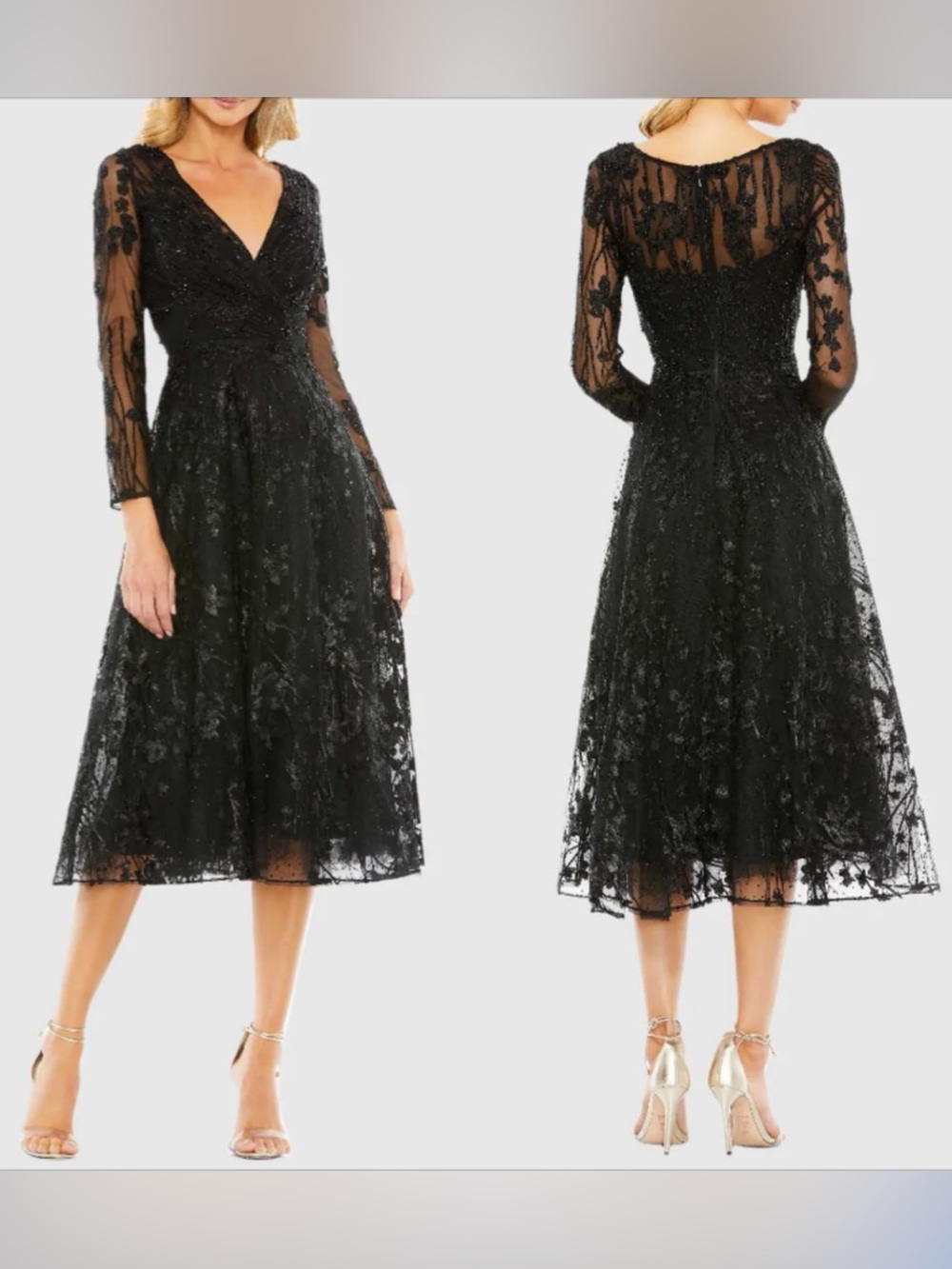 Mac Duggal Sheer Mesh Beaded Floral Embellished Tea Length Long Sleeve Dress 4